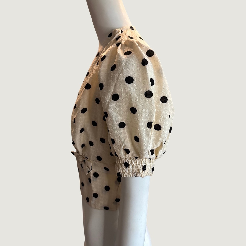 Retro Stage Cream Black Polka Dot Wrap Top Short Puff Sleeve Blouse Large NWT - Picture 5 of 8